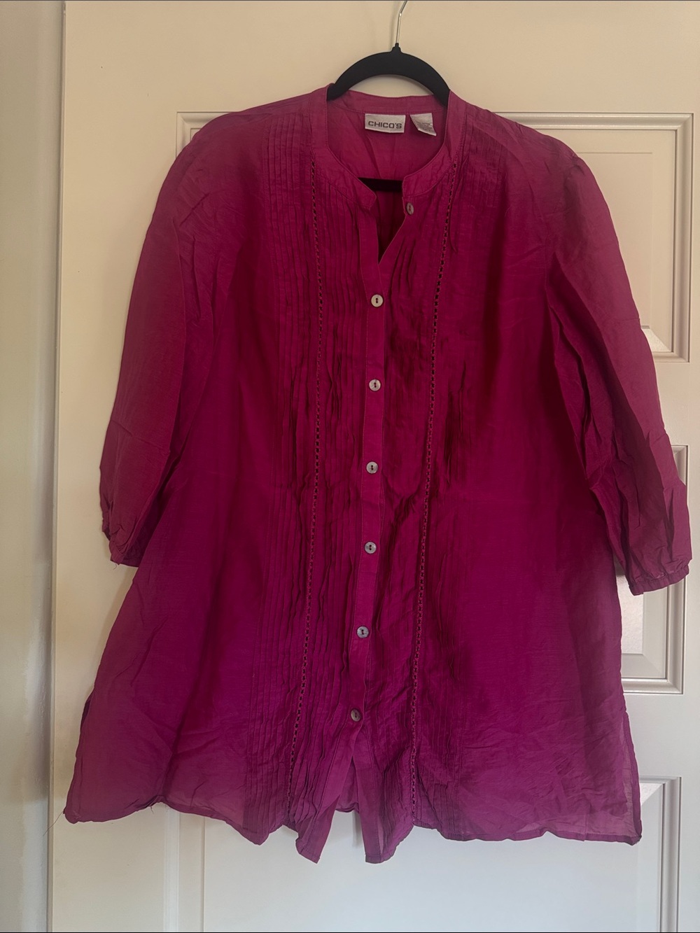 Chico's Vibrant Fuchsia Pintuck Button Tunic